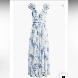 Blue and White Long Floral Ruffle Strap Gown